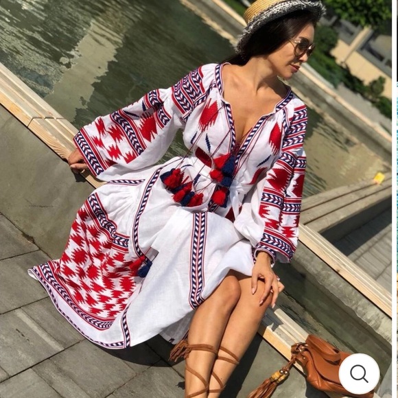 NWT Embroidered linen boho dress maxi with fashion embroidery Vyshyvanka - Picture 3 of 12